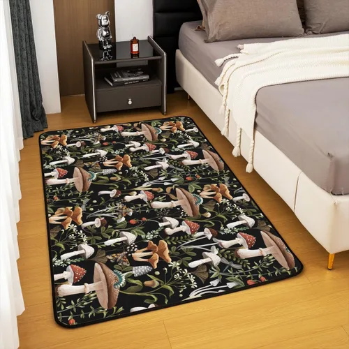 Miniatura 5 de Alfombra de hongos de 4 x 5, alfombra rústica de plantas de hongos salvajes coloridos, alfombra de suelo de madera de acera estilo granja, alfombra
