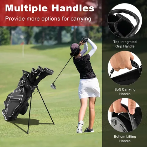 Miniatura 6 de GYMAX Bolsa de golf con divisor de 6 vías, bolsa de club de golf con 8 bolsillos, capucha para lluvia, soporte para paraguas y calcomanía