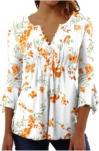 Miniatura 22 de Ceboyel Blusa tipo túnica con estampado floral para mujer, con botones, estilo Henley, con manga de codo, casual, trajes de moda para mujer