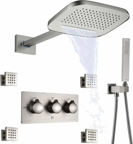 Cabezal de ducha de lluvia de cascada cepillado con rociador de mano montado en la pared de latón 8 x 10 pulgadas, sistema de ducha de lluvia de