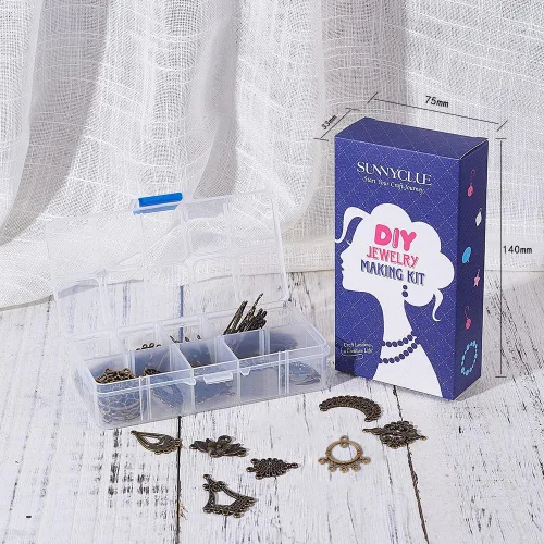 Miniatura 7 de SUNNYCLUE 1 caja de 64 piezas surtidas de lámparas de araña, estilo tibetano, bronce antiguo, atrapasueños, aretes, hallazgos, bucles, conectores
