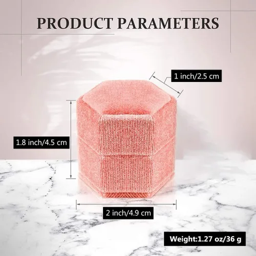 Miniatura 10 de Caja hexagonal de terciopelo para anillos con doble anillo, elegante caja de almacenamiento de joyas para propuestas, compromiso, aniversario, Blanco