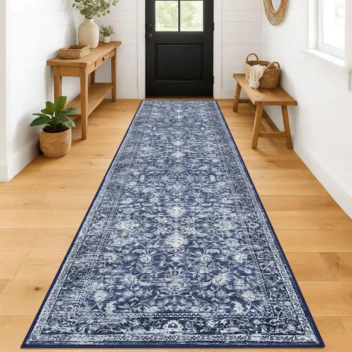 Miniatura 104 de KILOCOCO Alfombra lavable de 2 x 3 para entrada, estampado floral vintage, suave, antideslizante, azul, alfombras de cocina, tapete