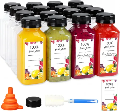 Miniatura 9 de Moretoes 12 botellas de plástico para jugo de 8 onzas con tapas, botellas de agua reutilizables vacías transparentes, recipientes desechables