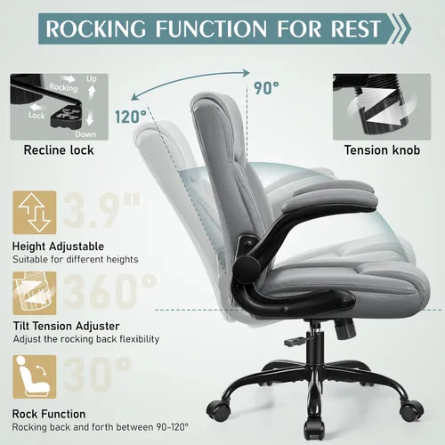 Miniatura 7 de Silla de Oficina de Cuero, Sillas de Escritorio de PU para el Hogar con Respaldo Ergonómico, Giratorias 360°, Silla Pequeña para Juegos con Ruedas