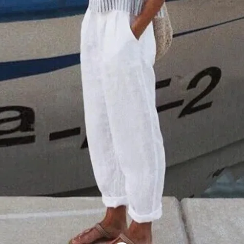 Miniatura 2 de Pantalones de lino para mujer, de verano, casuales, de tiro alto, cónicos, de algodón, cintura elástica, con bolsillos