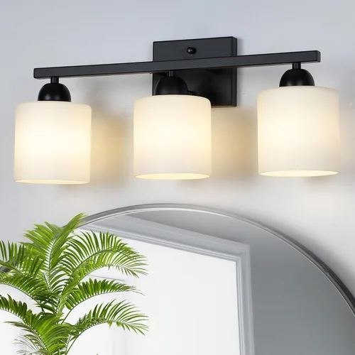 Miniatura 14 de Mecgirn Luces de tocador de vidrio de leche de acero inoxidable para baño, 2 lámparas de baño doradas claras sobre espejo, enchufes E26 de cerámica