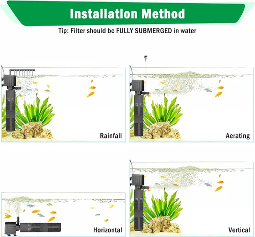 Miniatura 7 de AQQA Filtro de acuario, filtración de 3 etapas, fabricante de ondas ajustables y oxigenador, bomba sumergible silenciosa de 18 W 164 GPH, filtro