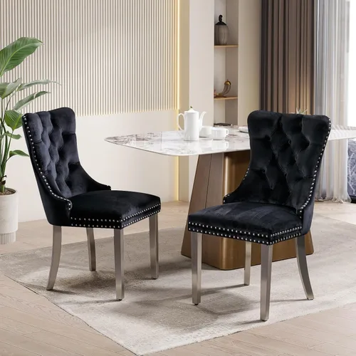 Miniatura 64 de Juego de 2 sillas de comedor tapizadas de tela de lino, sillas de cocina modernas de mediados de siglo con respaldo alto, ribete de cabeza de clavo