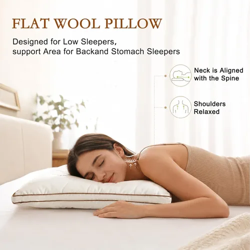 Miniatura 5 de YOUR MOON Almohada suave de lana orgánica tamaño Queen, almohada de lana plana y fina para dormir, almohadas de cama bajas para dormir de espalda