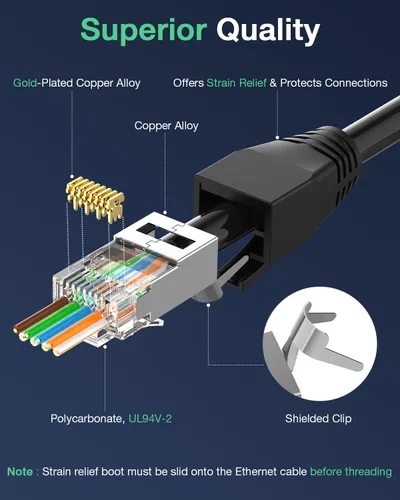 Miniatura 4 de VCELINK Conector CAT6A, conectores RJ45 pasan a través de CAT6A CAT7 blindado, chapado en oro de 3 clavijas con certificación UL, conector CAT7
