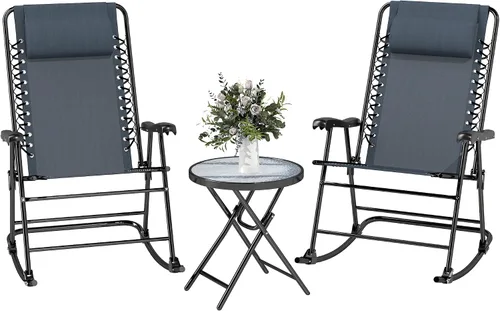 Outsunny Juego de 3 piezas de mesa mecedora para exteriores, juego de mesa plegable para patio con mesa de centro de cristal para patio, terraza,