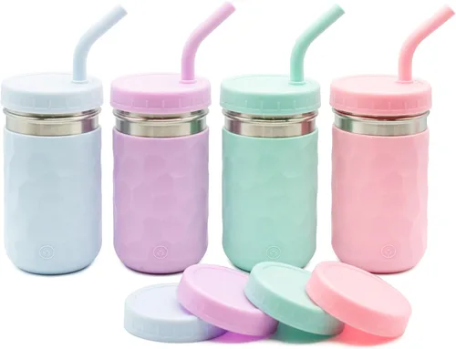 Miniatura 9 de WeeSprout Vasos 2 en 1 para niños, vaso de acero inoxidable duradero para batidos, pajitas de silicona con tapones, tapas giratorias de plástico