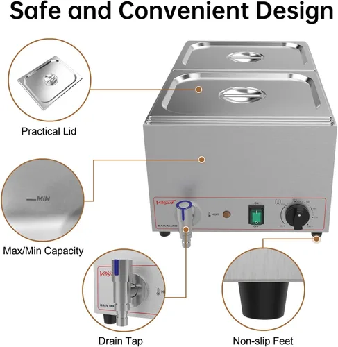 Miniatura 4 de Valgus Bain Marie Buffet de acero inoxidable de grado comercial, 2 secciones, 19 cuartos de galón, calentador de alimentos, mesa de vapor con tapa