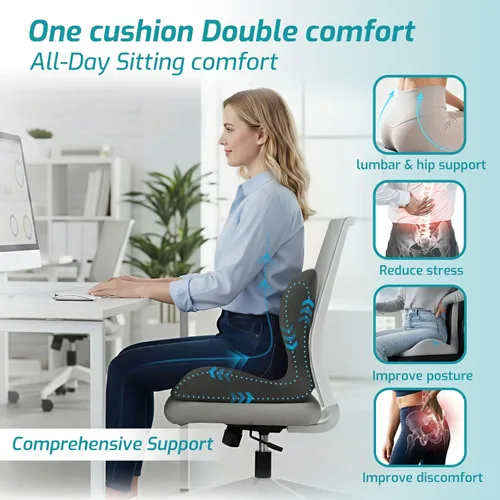 Miniatura 2 de Cojín de asiento, cojín para silla de oficina con almohada de apoyo lumbar, diseño ergonómico para sentarse prolongadamente, ciática, alivio