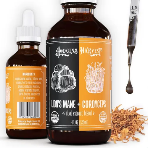Hodgins Harvest Melena de león orgánica + tintura Cordyceps | Fabricado con hongos cultivados en nuestra granja en los Estados Unidos | Extracto