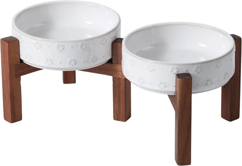 Miniatura 10 de Havniva Cuenco elevado de cerámica para perros de 6.1 pulgadas con soporte antideslizante (madera de acacia), dos opciones de altura, cuenco