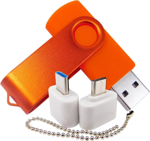 Miniatura 3 de Mini unidad flash USB de capacidad con 1 OTG (Micro USB) y 1 adaptador tipo C (USB-C) para teléfono móvil (naranja, 128 MB)