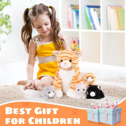 Miniatura 6 de 5 piezas de animales de peluche de gato con bebés, 12 pulgadas, mamá de peluche con 4 gatitos dentro del vientre, peluche de gato atigrado naranja