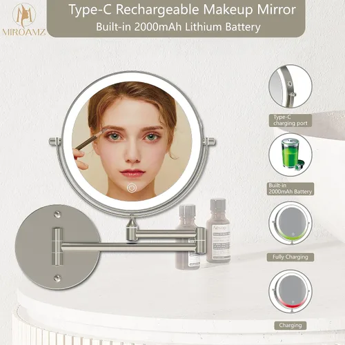 Miniatura 5 de Espejo de maquillaje recargable montado en la pared iluminado para el tocador de 20 centímetros de doble cara con aumento 1X 10, espejo de baño