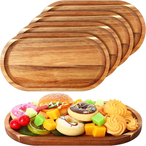 Yaomiao 4 bandejas de madera de acacia ovaladas de madera rústica, bandeja decorativa grande natural para comida, charcutería, queso, pan, fruta,
