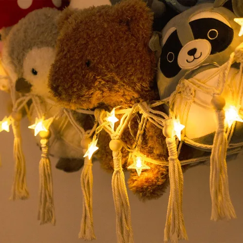 Miniatura 4 de Hamaca de almacenamiento para juguetes de animales de peluche con luz LED - Organizador de esquina para muñecas jumbo de macramé - Redes de Beige