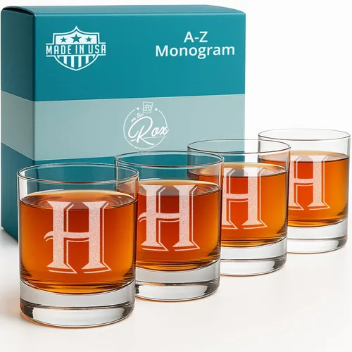 Miniatura 13 de On The Rox Drinks Juego de 4 vasos de vidrio grabados con monograma B, 11 onzas