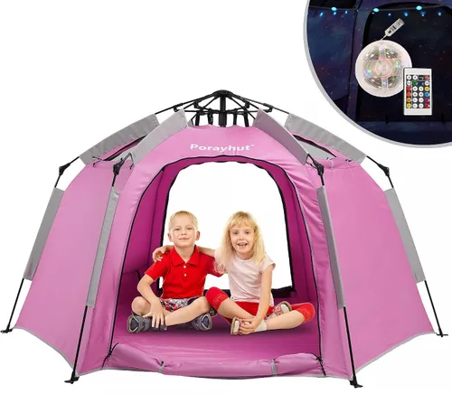 Miniatura 14 de Tienda de campaña hexagonal portátil para niños con tira de luces LED para interiores, casa de juegos para niños, tienda de campaña de ensueño