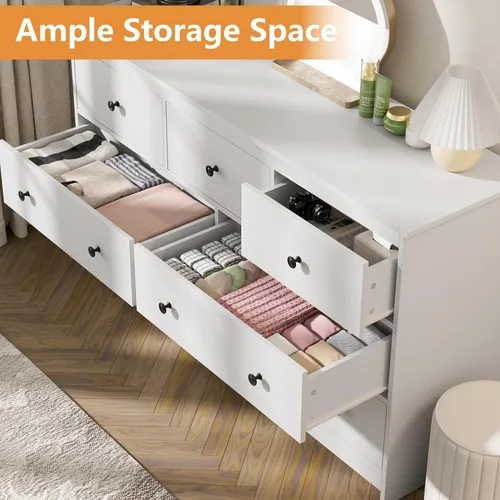 Miniatura 4 de Tradare Cómoda blanca de 7 cajones para dormitorio, cómoda de madera de 55 pulgadas de ancho con asas de metal, organizador moderno y grande