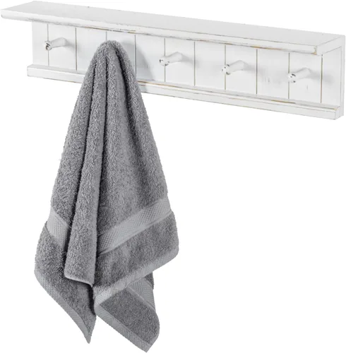Miniatura 6 de MyGift Estante de baño flotante de madera blanca vintage de 5 ganchos montado en la pared y toallero