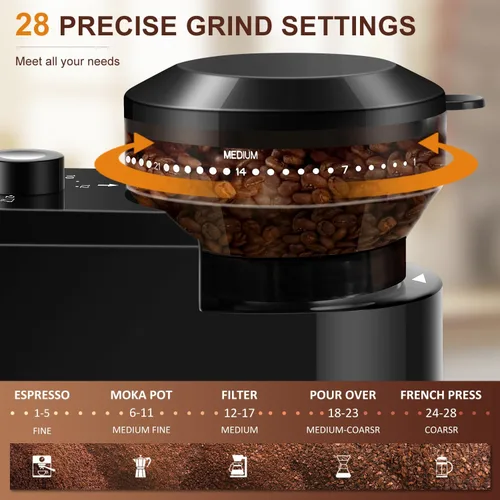 Miniatura 2 de Molinillo de café eléctrico de rebabas, molinillo de café ajustable con 28 ajustes precisos de molienda para prensa francesa, café por goteo y Negro