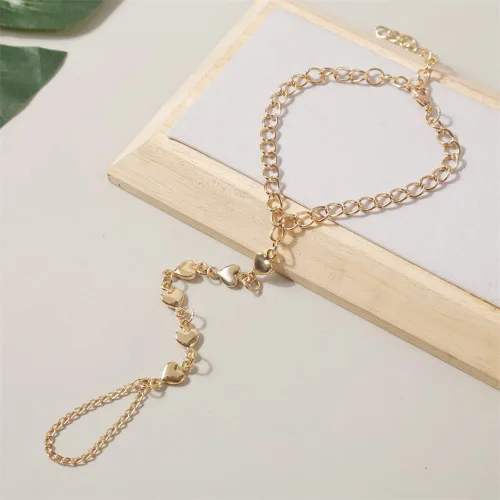Miniatura 2 de Jumwrit Pulsera de cadena de mano con anillo de dedo, pulsera de eslabones dorados, arnés de mano de esclavo, pulsera de corazón de amor, pulsera