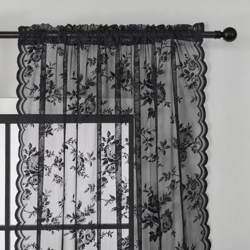 Miniatura 3 de SEEKRIGHT - 2 paneles de cortinas traslúcidas de encaje negro, cortinas góticas florales, cortinas victorianas con bolsillo para cortinero