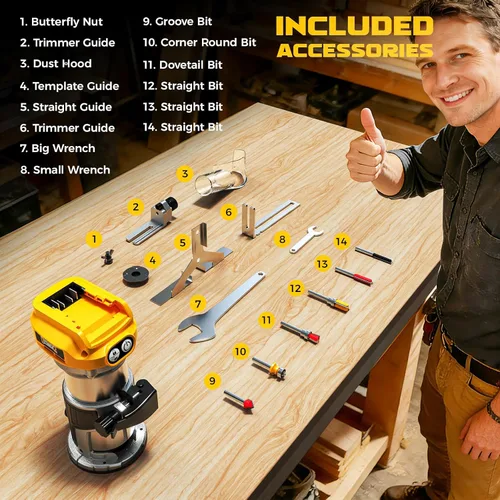 Miniatura 9 de DIYtoolifz Herramienta de enrutador inalámbrico compatible con batería DeWalt de 20 V (solo herramienta), enrutador de madera sin escobillas de 800