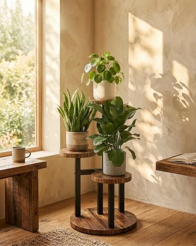 Bamworld Soporte para Plantas de Esquina Interior de Metal y Madera Estante para Plantas Exterior Soportes Altos para Plantas Mesas para Plantas