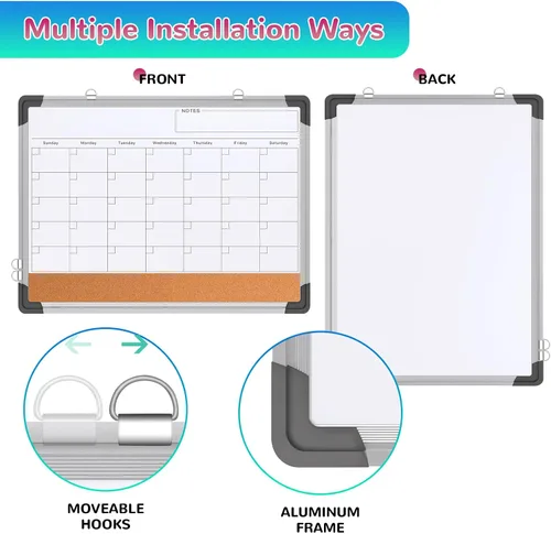Miniatura 6 de Pizarra blanca de calendario mensual para pared, 24 x 18 pulgadas, pizarra de borrado en seco con tablero de corcho, pizarra blanca magnética, Blanco