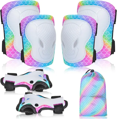 Miniatura 8 de Rodilleras para niños, juego de equipo de protección ajustable con bolsa de malla, rodilleras y coderas, protector de muñeca para niñas, patines