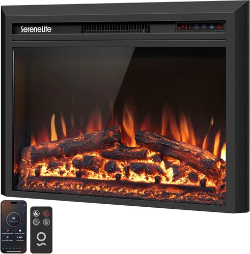 SereneLife Inserto de chimenea eléctrica con calentador | Control inteligente de aplicación Wi-Fi y control remoto | Termostato ajustable de 700