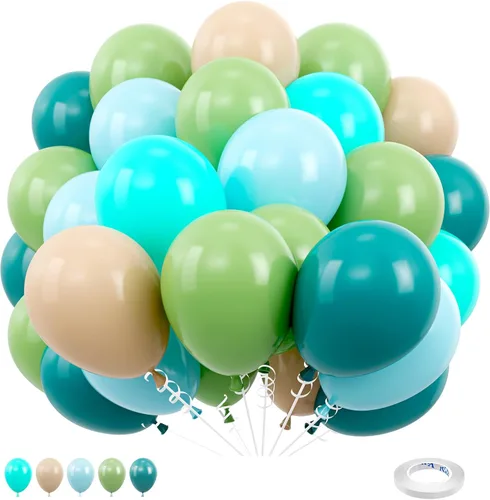 Kelfara Globos de color azul polvoriento y verde, 80 globos retro de 12 pulgadas, color verde aguacate, azul mar, azul azulado, nude, para