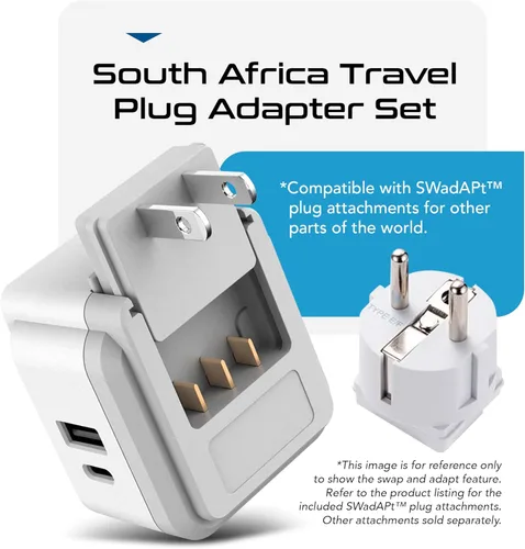 Miniatura 7 de Ceptics Conjunto de Viaje de Adaptador de Corriente de Sudáfrica - 20W PD y QC, Rápido y Seguro con USB Dual y USB-C - 2 Tomas de EE.UU. - Usar