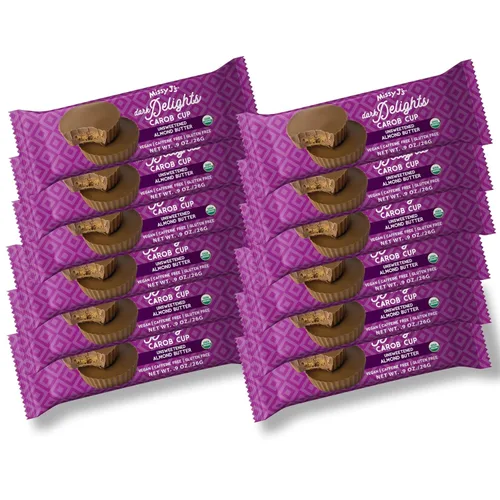 Missy J's Organic Carob Dark Delights - Tazas de almendras sin azúcar de 0.9 onzas, paquete de 12 | Vegano y sin gluten, sustituto saludable sin