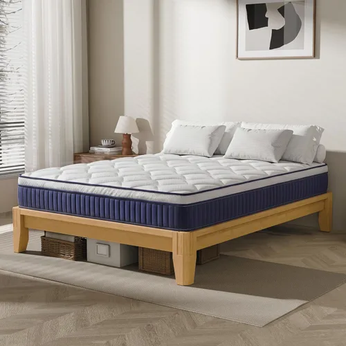 Base de cama de bambú tamaño Queen con colchón de 10 pulgadas, firmeza híbrida media, marco de cama y juego de colchón de carpintería japonesa,