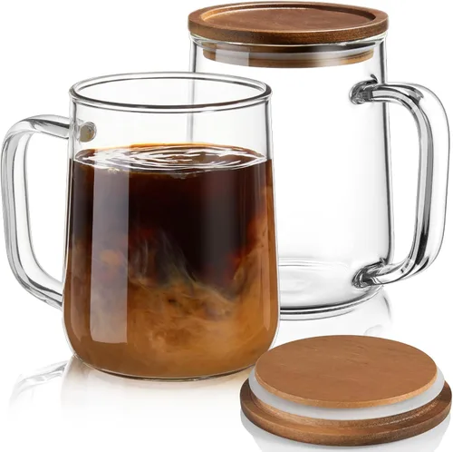 Miniatura 10 de Tazas de café de vidrio, tazas de café de vidrio de 14 onzas con tapas de madera de acacia, tazas de vidrio de borosilicato transparente con asas