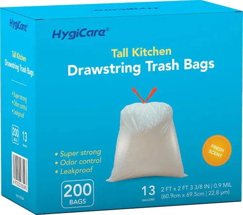 HygiCare Bolsas de basura de cocina de 13 galones de alto, 200 bolsas de basura con cordón de aroma fresco, preseparadas, control de olores, ultra