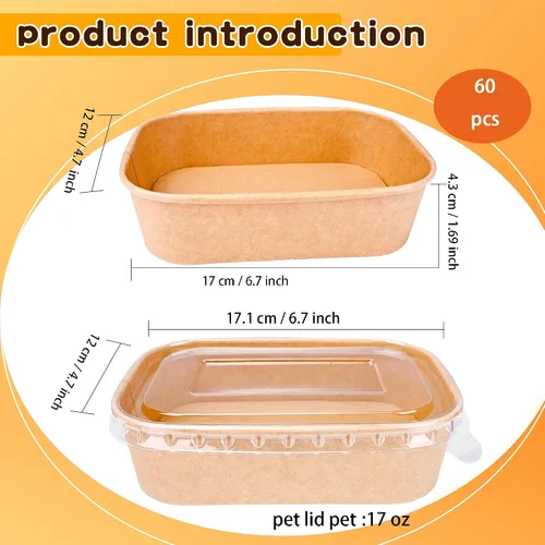 Miniatura 2 de 60 cuencos desechables de papel kraft a granel, rectángulo, extragrueso, a prueba de fugas, recipiente de alimentos con tapa de plástico