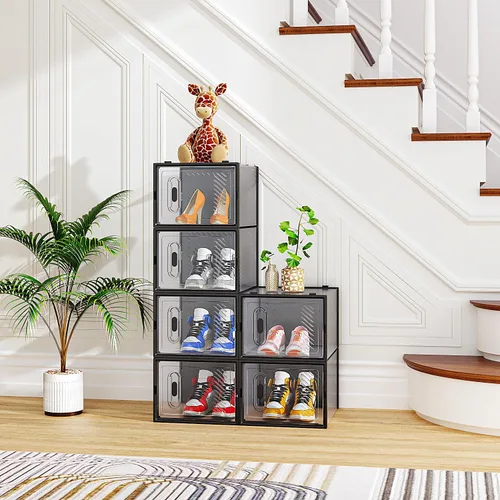 Paquete de 6 cajas de zapatos apilables de plástico transparente, cajas organizadoras de zapatos con tapas para tenis, estuche para zapatos hasta