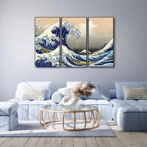 Miniatura 4 de Wieco Art Arte enmarcado de aluminio negro grande, 3 paneles, gran ola de Kanagawa, Katsushika Hokusai, impresiones en lienzo de arte de pared