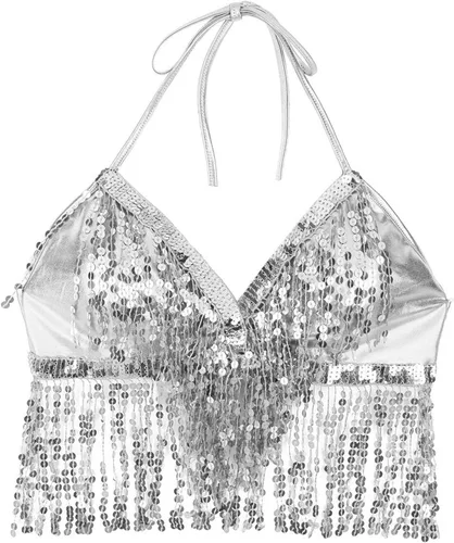 Miniatura 5 de Camiseta sin mangas sexy sin espalda con cuello halter para mujer, para festival, club, lentejuelas, con borla, top corto