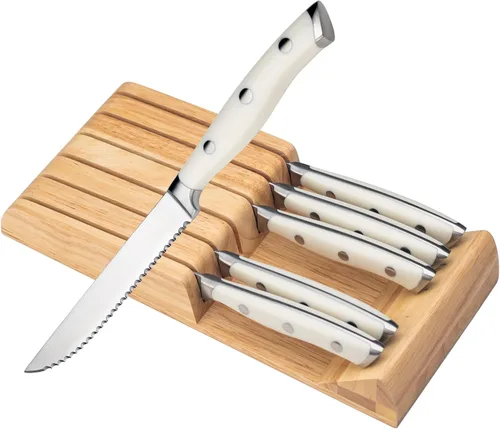 Miniatura 10 de Alata Juego de cuchillos para carne de 8 piezas, 4.7 pulgadas con borde dentado, cuchillos afilados para cena, construcción de espiga completa Negro