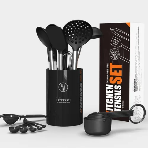 Miniatura 4 de oannao Juego de utensilios de cocina grandes de silicona, resistentes al calor, espátula, cuchara, pinzas giratorias, batidor, utensilios de cocina